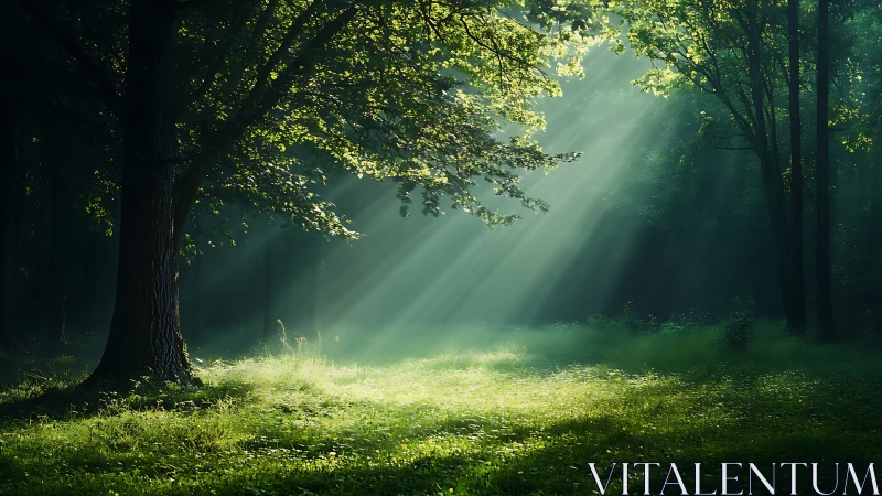Serene sunlit forest clearing with lush greenery and tranquil mood.
