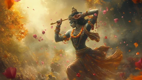 Graceful divine dancer swirls through golden petals and light