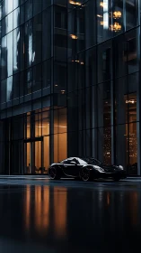 Black sports car parked before tall glass office tower.