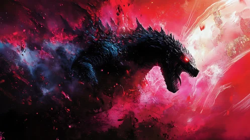 Kaiju silhouette erupts through crimson nebular energy field