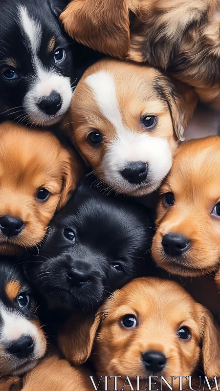 Puppy pile closeup with mixed coat colors and faces.