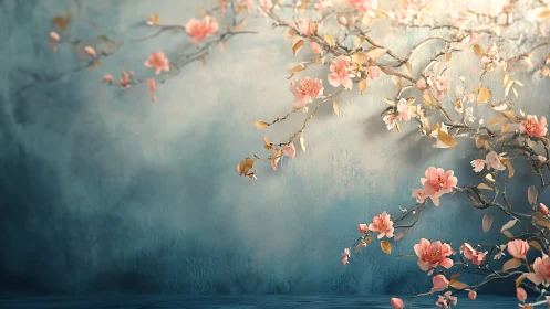 Soft Peach Blossoms Dance Across Serene Blue Walls