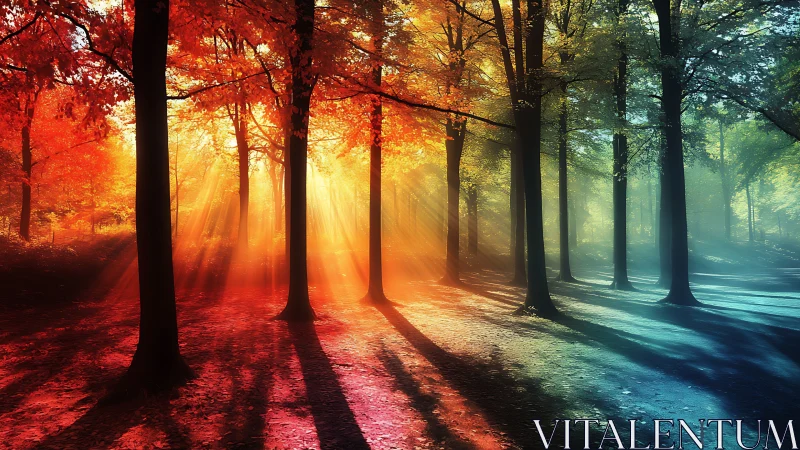 Prismatic forest sunrise casting multicolored light beams.