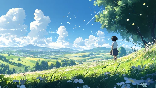 Child observes distant valley landscape from grassy hillside