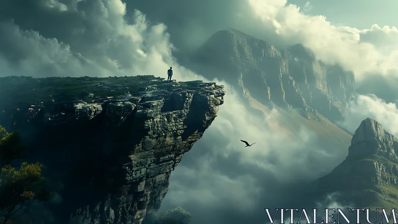 Lone dreamer on a cloud-kissed cliff above silent kingdoms.