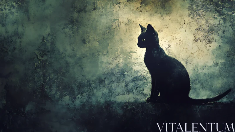 Black Cat Silhouette Against Ethereal Textured Background.