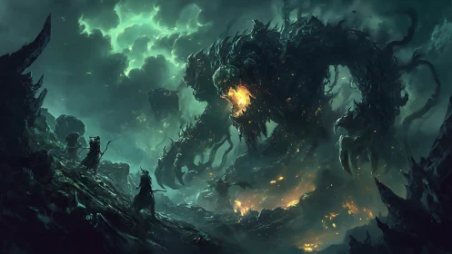 Colossal infernal wraith confronts cloaked warriors in toxic storm