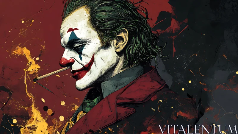 Brooding clown in crimson smoke and ember-flecked night.