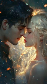 Two Figures in Luminous Embrace with Fire