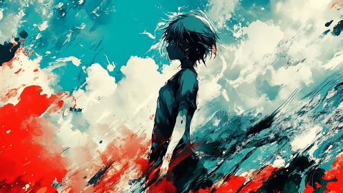 Silhouetted youth in abstract teal and crimson atmospheric surge