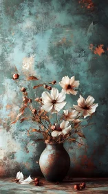 Floral Arrangement in Weathered Vessel Against Textured Surface.