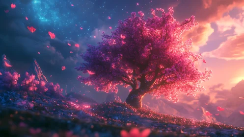 Luminous pink blossom tree crowns surreal twilight valley.