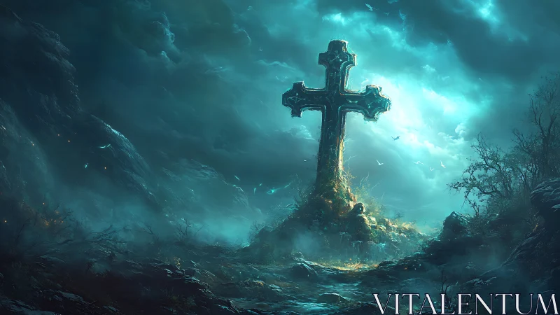 Monolithic stone cross in stormlit misty valley, teal aura glow