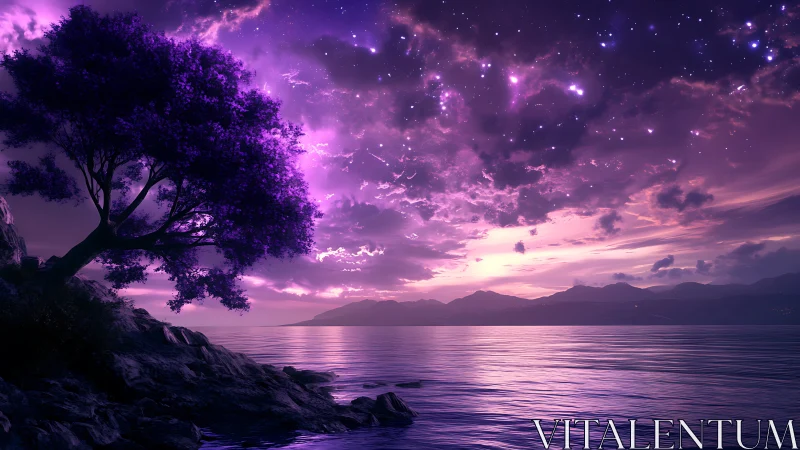 Dreamy purple shoreline under a softly glowing starlit sky.