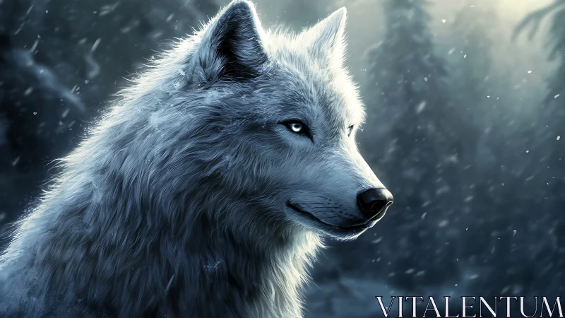 Luminous Arctic wolf portrait in cinematic snowy backlight.