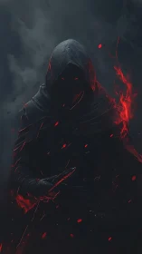 Mysterious hooded rogue glowing with ember red power.