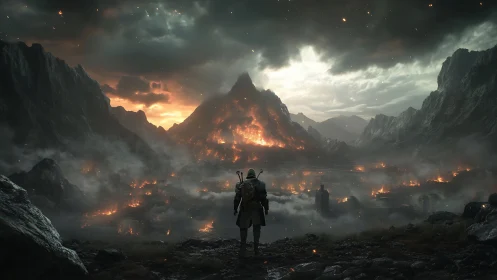 Armored wanderer surveys volcanic siege within misty mountain basin