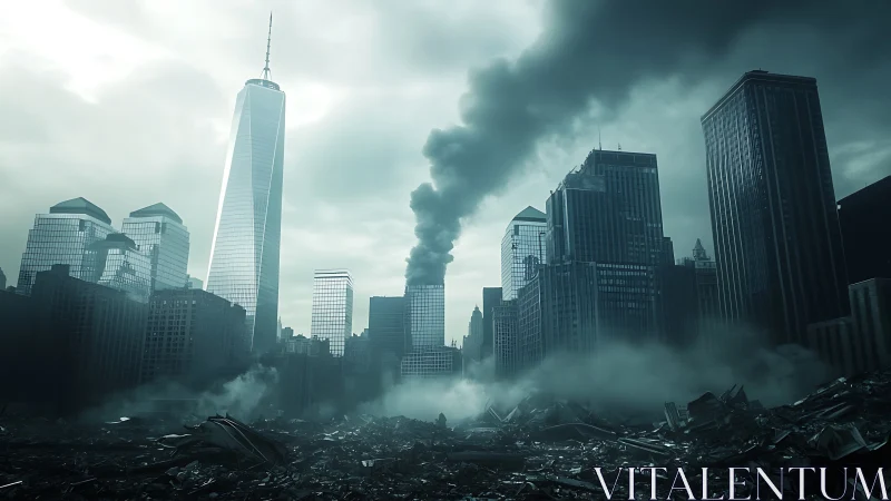 Smoldering skyscraper ruins under cold cyan storm light.