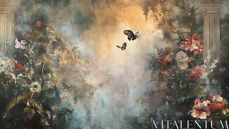 Floral arrangement and butterflies in atmospheric landscape.