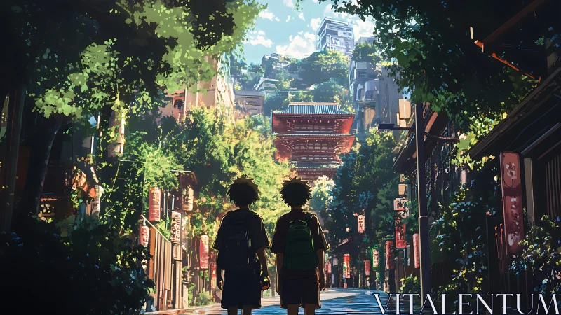 Two students traverse sunlit overgrown alley toward layered pagoda