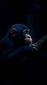 Young primate rests on branch in low key side profile view