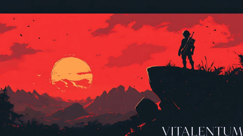 Lone warrior overlooks crimson valley under burning sun