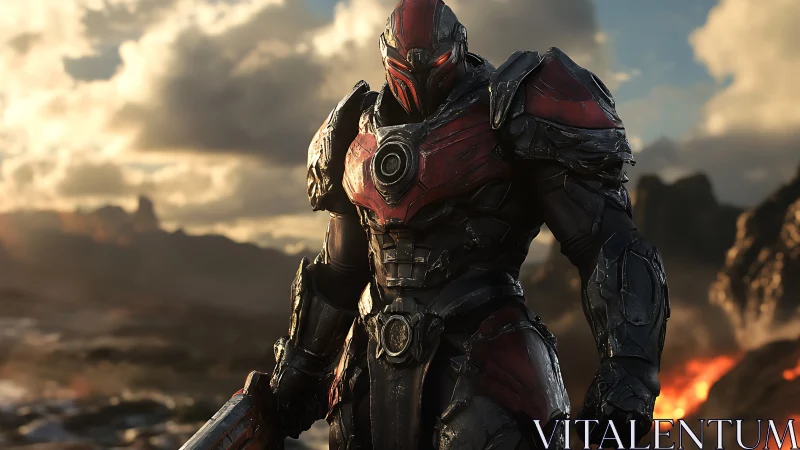 Armored sci fi warrior stands in volcanic wasteland environment.