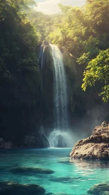 Vertical jungle waterfall drops into clear turquoise pool