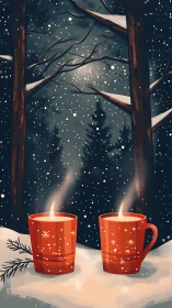 Snowy forest hush and two ember-bright winter mugs.