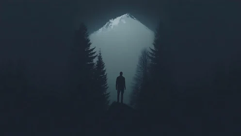 Digital painting of solitary figure before misted alpine peak.