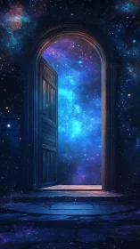 Cosmic doorway opening into glowing blue starfield portal.