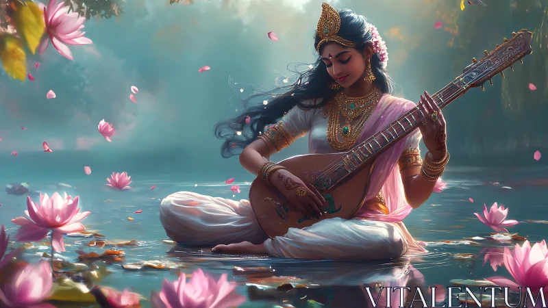 Woman in traditional attire plays string instrument on lotus pond