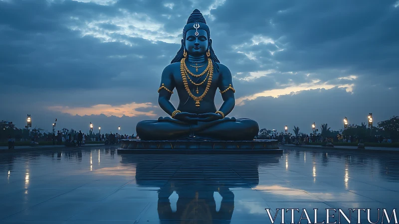 Monumental blue Shiva statue at dusk with reflective forecourt