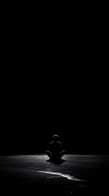 Solitary figure meditates in a vast, shadowed expanse