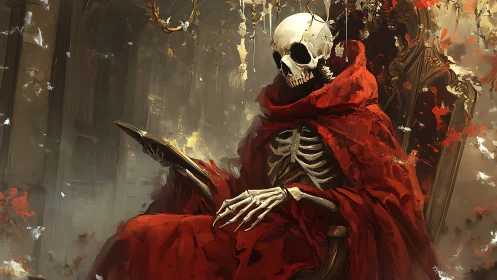 Skeletal figure in red cloak sits on ornate throne reading