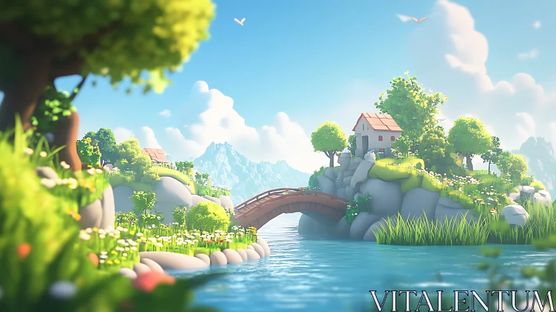 Idyllic Fantasy Village Landscape with Stone Bridge