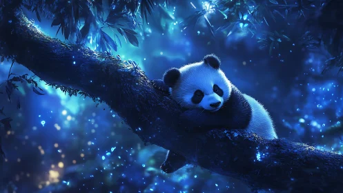 Bioluminescent forest illuminates resting panda on mossy branch