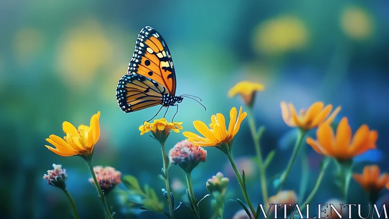 Gentle monarch butterfly resting among glowing wild blooms.