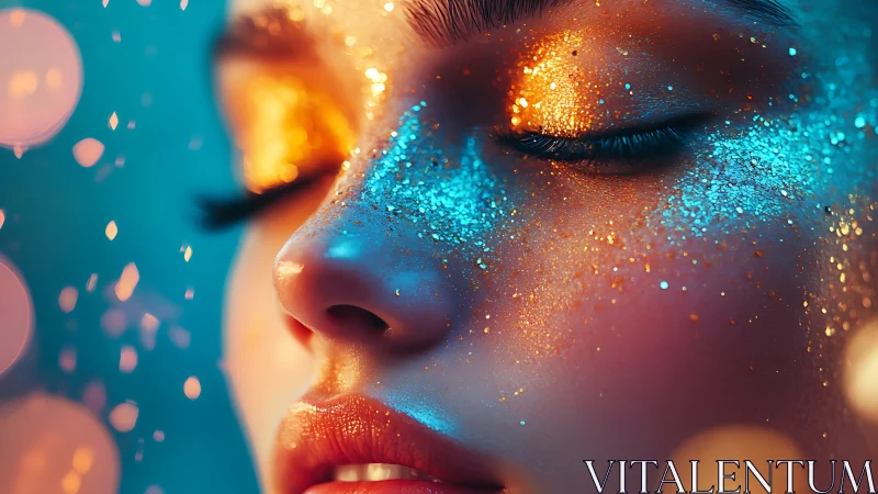 Closeup portrait with vivid blue and gold face glitter.