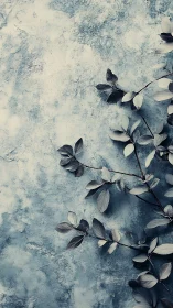 Muted foliage branches against textured blue surface.