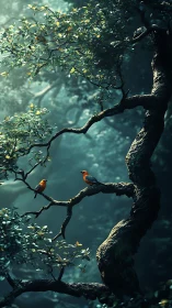 Curved tree trunk with two orange birds perched on branches