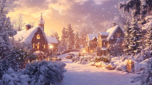 Snowlit cottage lane where lamplight hums against dusk.