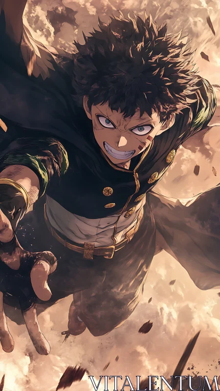 Determined anime hero dives through fractured storm sky.