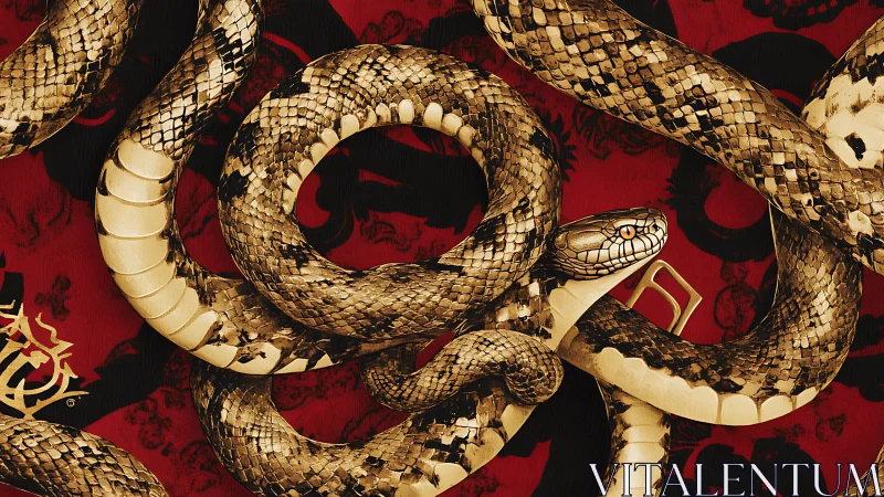 Coiled golden serpent over ornate crimson heraldic field.