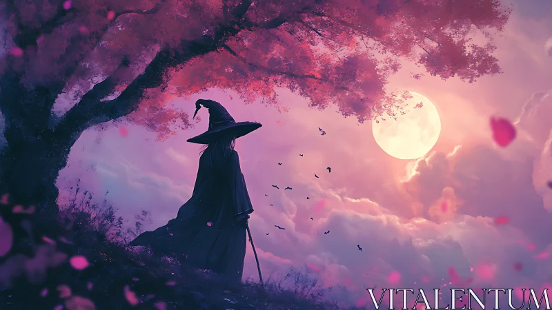 Moonlit wizard wandering beneath soft cherry blossom skies.