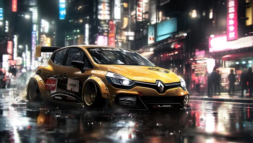 Modified Renault race car slides through neon-soaked rainy street