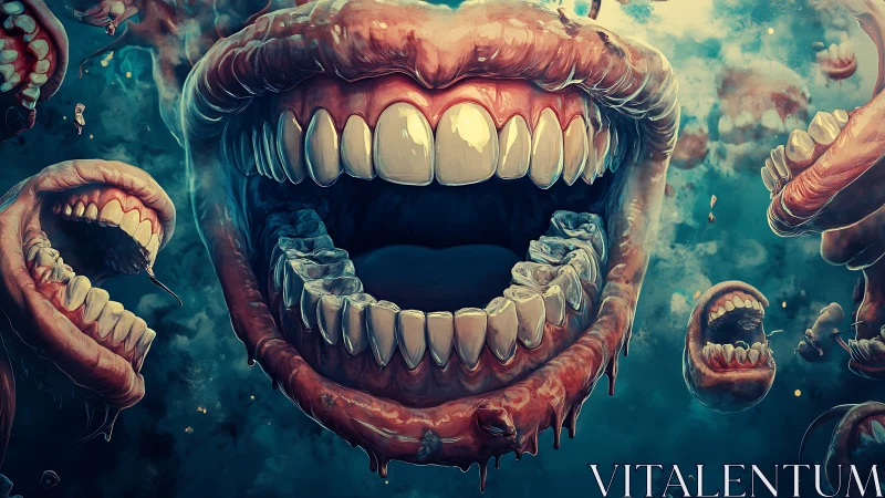 Multiple floating mouths occupy a saturated teal environment