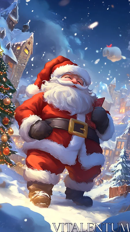 Santa Claus walking through snowy village at night.