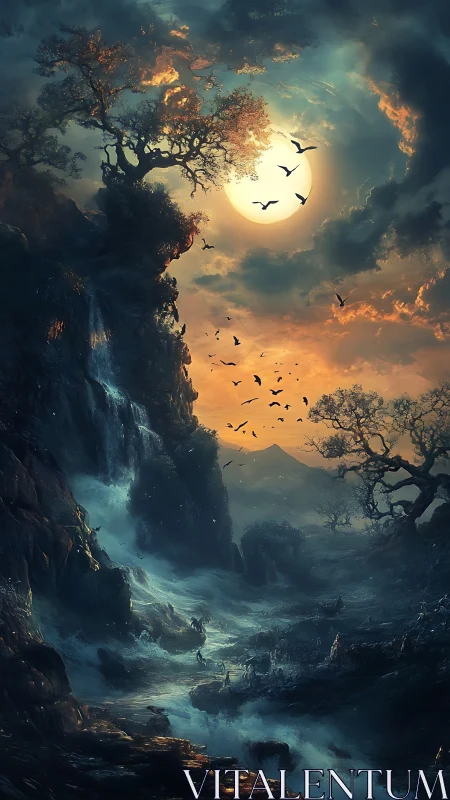 Moonlit storm valley with cascading falls and burning trees.