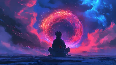 Fiery sky portal swirls as a calm lone figure quietly meditates